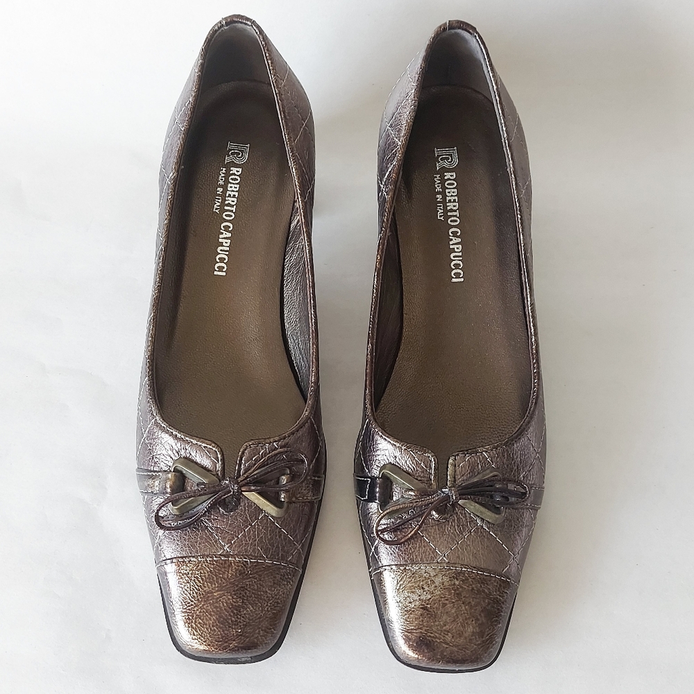 Roberto Capucci Shoes Women Size 8 Bronze Gold Low Heel Bow Tie Comfort Slip-on - Picture 2 of 13